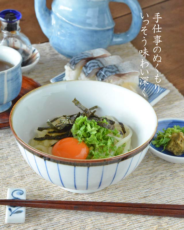 砥部焼・千山窯 縁紅とくさの反うどん鉢